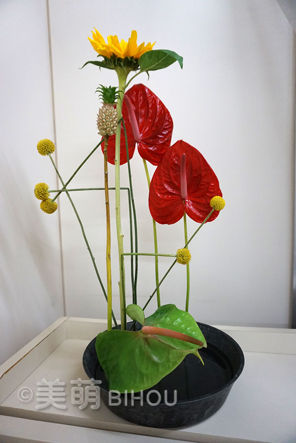 細沼さやか様 草月テキスト 3-5 直線の構成 花材:アンスリウム・ひ
まわり・ポンポン・パイナップル 花器:丸水盤 陶器花器